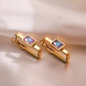 Minimalist gold-plated geometric earrings featuring square zircon on soft silk fabric