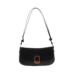 Black underarm shoulder bag for women with suede flap and metallic oval buckle detail