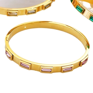 Elegant gold-plated stainless steel bangles with pink, white, and green rectangular zircon