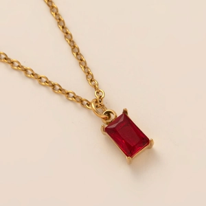 18K gold plated stainless steel necklace featuring a rectangle red zircon birthstone pendant