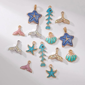 Legierung Emaille Ozean Thema Charms Straßstein Seestern Muschel Fischgräte Meerjungfrau Schwanz Anhänger Für DIY Schmuck