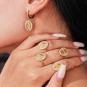 18K gold plated stainless steel jewelry set with oval religious medals and cubic zirconia