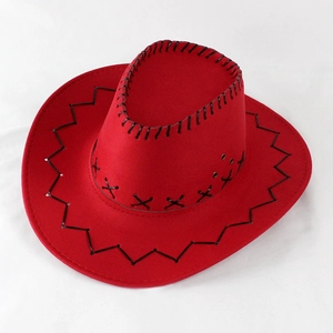 Detail view of a red cowboy hat with black hand-stitched edges and metal ventilation holes