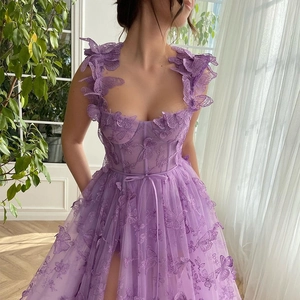 Elegant purple tulle wedding guest dress with 3D butterfly embroidery and side slit