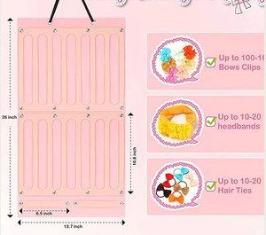 Detailed size infographic for pink felt hair bow organizer with dimensions and capacity