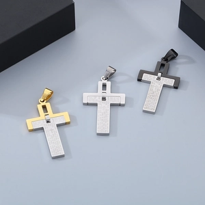 Cross pendant necklaces in gold, silver and black stainless steel with engraved prayer text