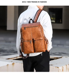 Close-up of vintage brown PU leather backpack with multi-pocket functional design
