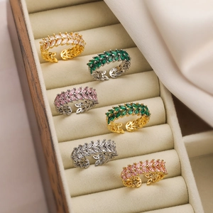 Copper Marquise Zircon Leaf Adjustable Ring Gold Silver Plated Wheat Geometric Jewelry For Women Vintage Chic