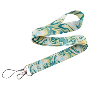 Detailed view of marble pattern lanyard with metal clasp and blue green swirl texture