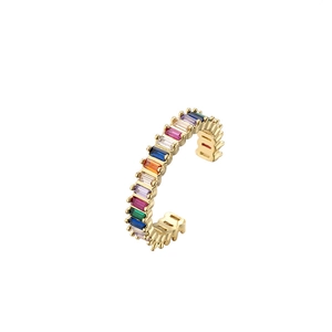 Rainbow zirconia gold ear cuff with colorful rectangular stones in a minimalist C-shape
