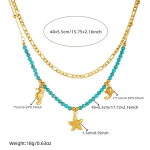 Double-layered gold-plated stainless steel necklace with seahorse and starfish pendants