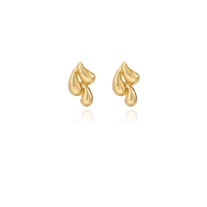 Macro detail of glossy gold drop earrings with polished surface and smooth fluid lines