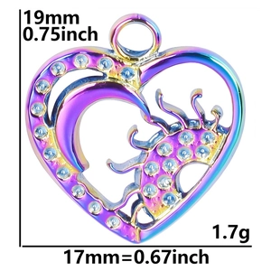 Detailed size specifications for rainbow heart and moon pendant with 19mm height and 17mm width