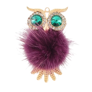 Pendentif hibou DIY avec pompon violet, yeux en cristal vert et monture dorée strass