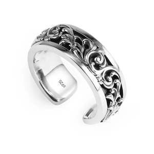 Retro S925 sterling silver open ring with vintage vine engraving and adjustable fit