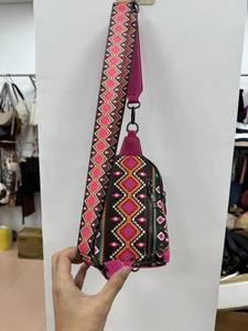 Detailed view of bohemian canvas sling bag featuring colorful geometric patterns and zippers