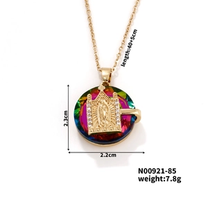 Detailed specs of stainless steel Virgin Mary necklace with crystal and dimensions