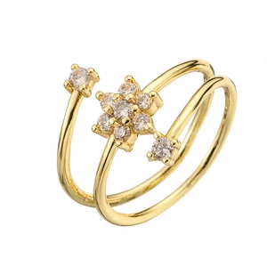 Exquisite gold double layer open ring with floral zircon cluster design on white background