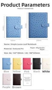 Size chart for A5 and A6 ostrich texture PU leather ring binder notebooks in various colors