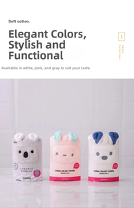 Detailed view of thick absorbent coral velvet hair towels with cute 3D animal ears