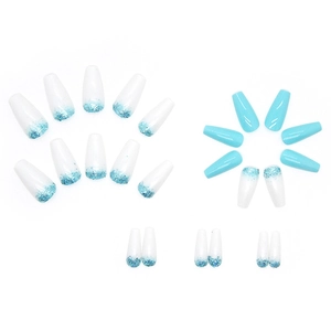 Blue glitter gradient and milky white coffin press-on nails set with long trapezoid shape
