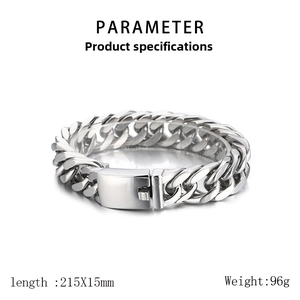 Close-up of polished stainless steel Cuban link bracelet with size parameters 215x15mm