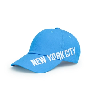Detail of white New York City 3D embroidery on sky blue cotton twill baseball cap