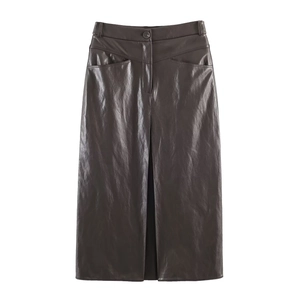 Jupe Midi Pour Femmes En Simili Cuir Taille Haute Droite Couleur Unie Mode Streetwear Jupe Sexy Avec Poches Et Fente