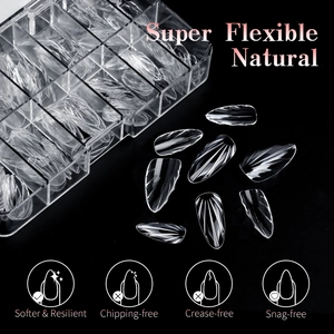 Flexible long almond clear press-on nail tips with 3D diamond texture in a plastic case