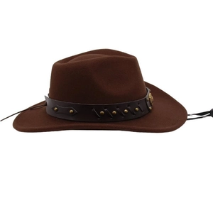 Macro detail of dark brown felt cowboy hat with leather band and metal rivet accents