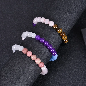 Macro view of multi-color gemstone beads including rose quartz and aquamarine crystals