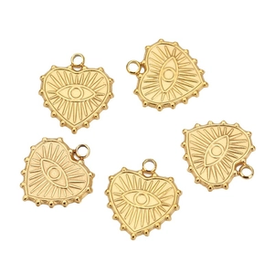 Five golden heart evil eye pendants in stainless steel on a clean white background