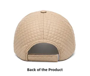 Rear view of quilted beige PU leather baseball cap with adjustable velcro strap detail
