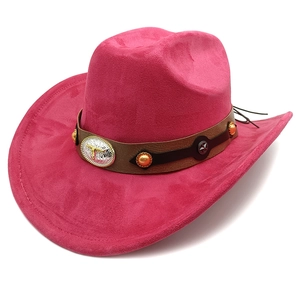 Hot pink suede cowboy hat featuring a leather band with silver longhorn buckle detail