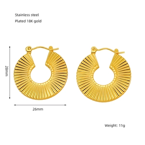 Detail view of 18K gold plated stainless steel hoop earrings showing size and dimensions
