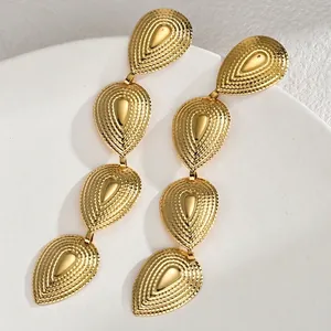 Vintage gold-plated titanium steel drop earrings with textured concentric water ripples