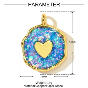 Macro detail of opal heart charm pendant with 14mm size and 1.4g weight measurements