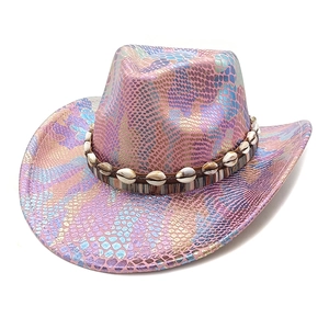 Detailed overhead view of western cowboy hat with purple snake pattern and shell band
