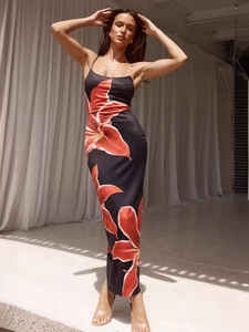 Slim fit floral maxi dress with red flowers on black background for women