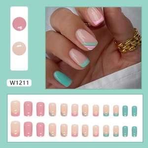 Pink and green French stripe press-on nails set with 24 pieces in minimalist style