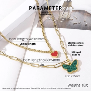 Detailed specs of double-layer stainless steel necklace with heart and butterfly charms