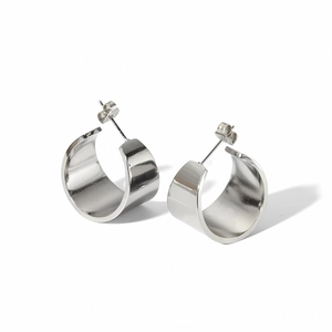 Polished silver C-shape wide hoop earrings in stainless steel with a mirror finish