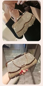 Detail of champagne gold evening clutch bag with sparkling rhinestones and ring handle
