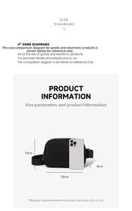 Detailed technical diagram of black nylon waist bag with size dimensions 33x13x4 cm