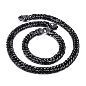 Men's black stainless steel Cuban link necklace and bracelet set with engraved clasp