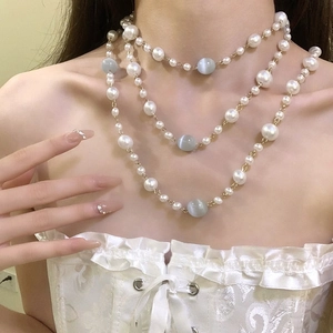 French Retro Artificial Pearl Necklace Synthetic Cat's Eye Stone Layered Long Sweater Chain For Women Fashion Jewelry