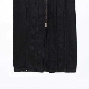 Slim fit black halter neck denim dress featuring metallic zipper and reinforced stitching details