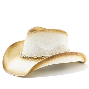 Bohemian woven straw cowboy hat with gradient brim and shell beaded band for sun protection