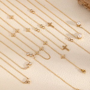 Stainless Steel Necklace Bracelet Anklet Earrings Cross Heart Clover Cubic Zirconia Artificial Pearl Gold Plated Jewelry Women