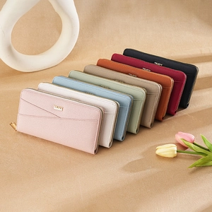 Nine colors of elegant long leather wallets with zippers for women in textured PU finish
